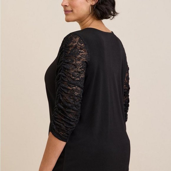 TorridStudio Crepe V-Neck Ruched Lace Sleeve Top - Picture 2 of 2